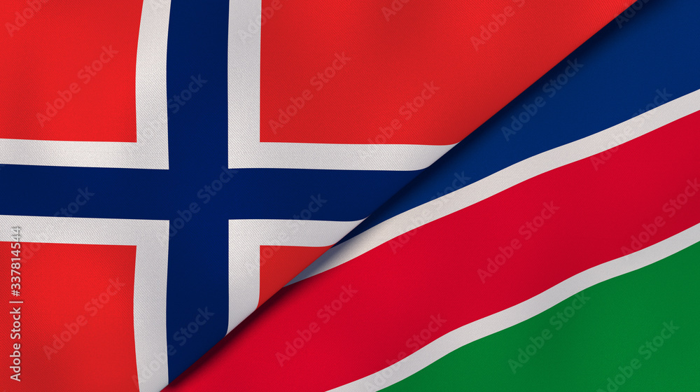 Fototapeta premium The flags of Norway and Namibia. News, reportage, business background. 3d illustration