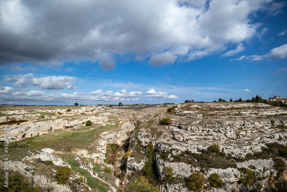 View of the park of the Rupestrian Churches of Gravina in Puglia with houses in caves and hypogeum. Apulia, Italy