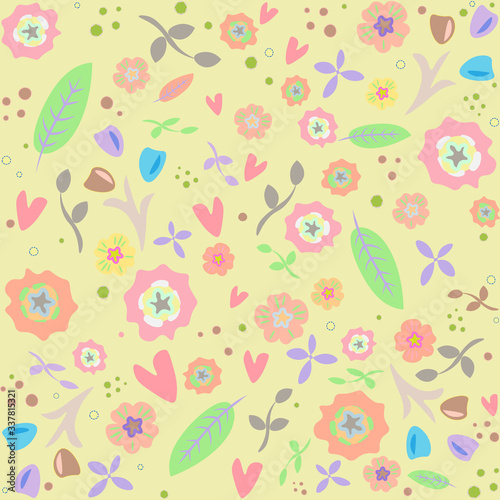 Floral seamless pastel color pattern background. Hand drown doodle style. For dress fabric, T shirt print, postcard, banners