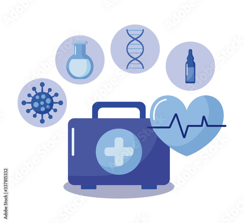 first aid kit with medical supplies, vaccination and health