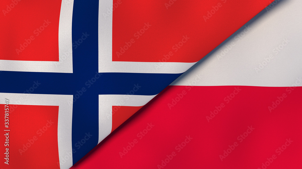 Naklejka premium The flags of Norway and Poland. News, reportage, business background. 3d illustration