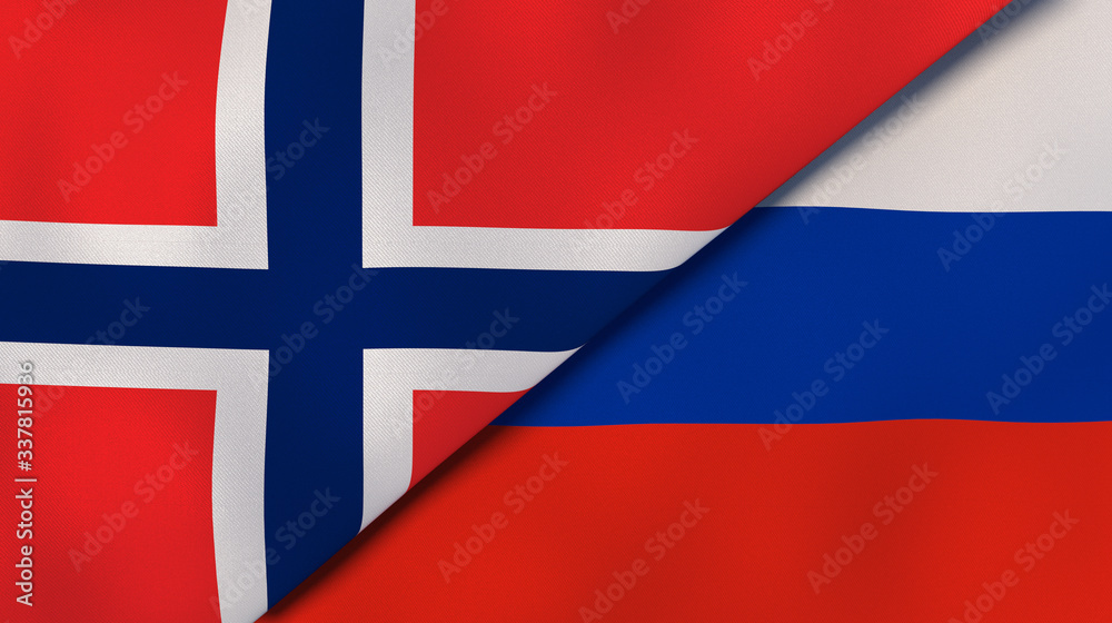 Naklejka premium The flags of Norway and Russia. News, reportage, business background. 3d illustration