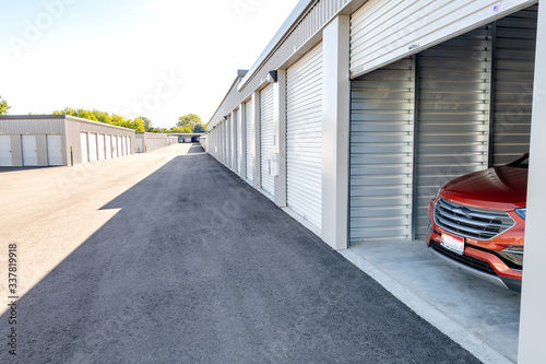 Rows of garage doors at a mini warehouse business