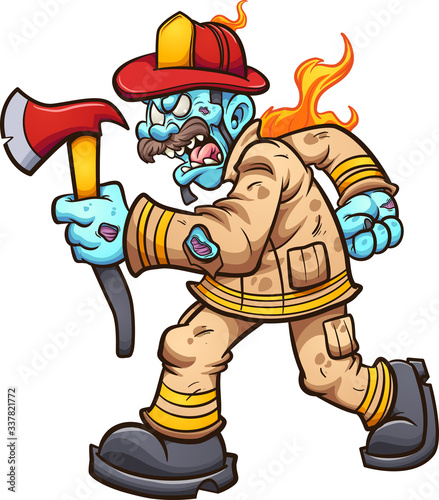 Zombie fireman walking with an angry face and holding an axe. Vector cartoon clip art illustration with simple gradients. All on a single layer.