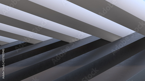 Black and White massive blocks with different directions on sunlight with trees shadow. Abstract 3d render. Geometric background.