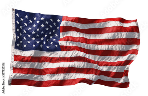 American flag waving in the wind isolated on white background. 3D