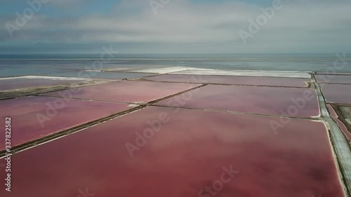 4K aerial drone video of salt works factory wide pink salty water evaporation ponds, in outskirts of coastal harbour town Walvis Bay, Namib Desert, Atlantic Ocean west coast, Namibia, southern Africa photo