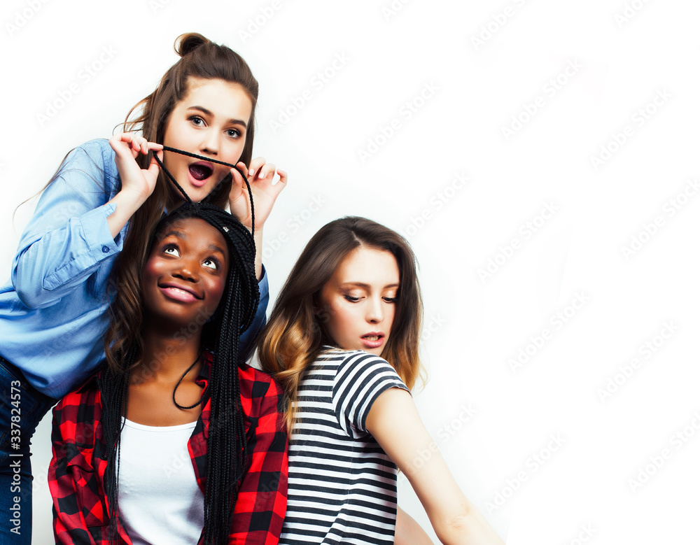 diverse multi nation girls group, teenage friends company cheerful having fun, happy smiling, cute posing isolated on white background, lifestyle people concept, african-american and caucasian diverse multi nation girls group, teenage friends company cheerful having fun, happy smiling, cute posing isolated on white background, lifestyle people concept, african-american and caucasian
