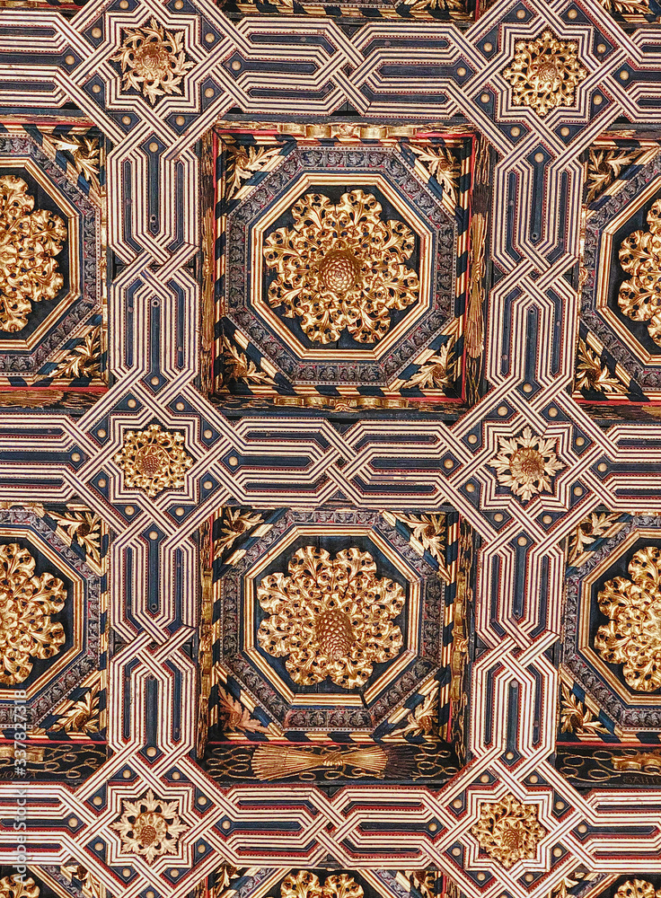 Detail of a Moorish decoration in the Aljafería Palace or castle the headquarters of Aragon Parliament in Zaragoza, Spain