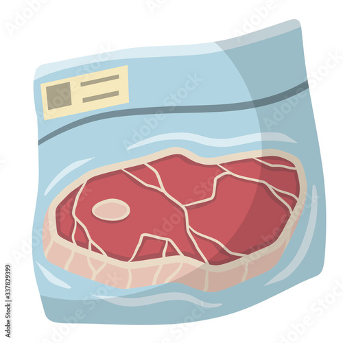 Packaging of frozen red meat. ham in bag. Cartoon flat illustration. Set of supermarket products. Cold object