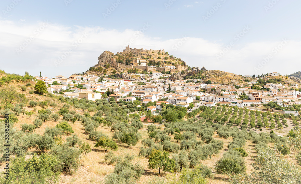 panoramic view of Moclin town and the castle, province of Granada, Andalusia, Spain
