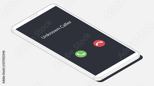 Unknown caller. Isometric vector illustration. Realistic white outline smartphone. 3d model isolated on a gray background. Phone interface with two icons accept or reject a call