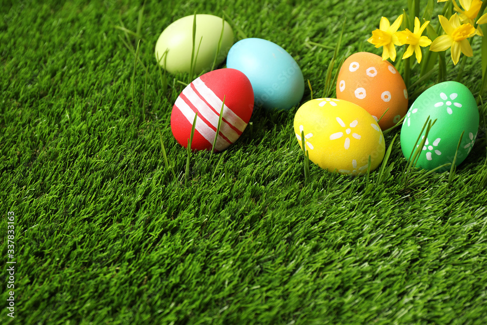 Fototapeta premium Colorful Easter eggs and narcissus flowers in green grass. Space for text