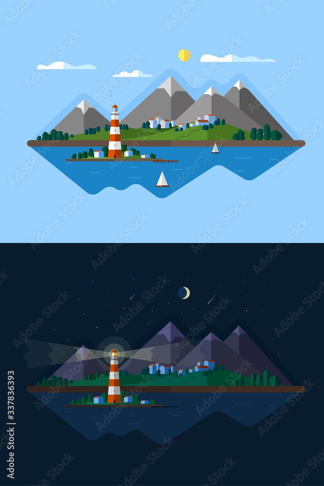 Nature landscape, sea with a lighthouse and sailboats. Night and day panorama with a luminous lighthouse, mountains, houses, trees.