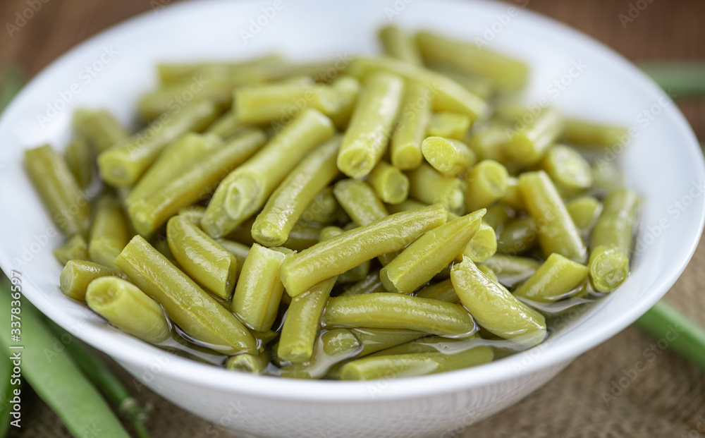 Canned Green Beans (close-up shot; selective focus) Canned Green Beans (close-up shot; selective focus)