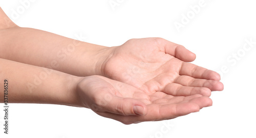 Woman against white background, closeup on hands