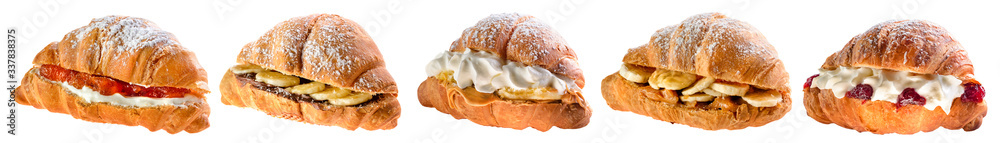 Set with fresh tasty croissants and different fillings on white background
