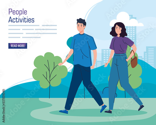 banner of young couple walking in cityscape vector illustration design