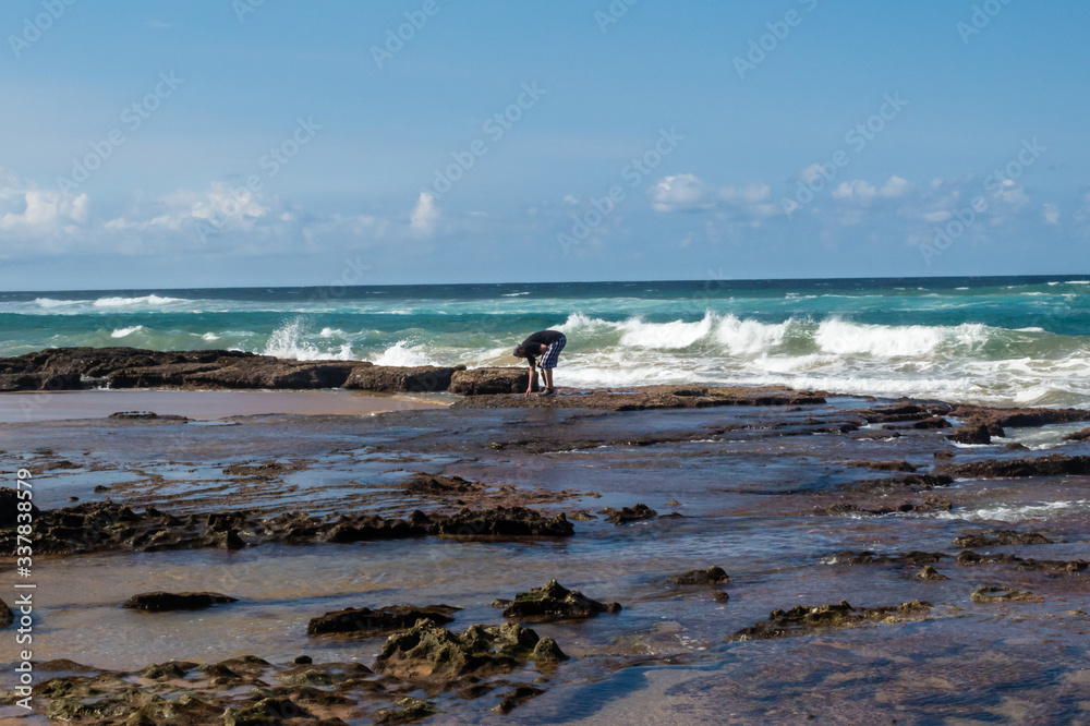 Man looking at sea life in the tidal pools of Mission Rocks Beach in the iSimangaliso Wetland Park in St. Lucia, South Africa.