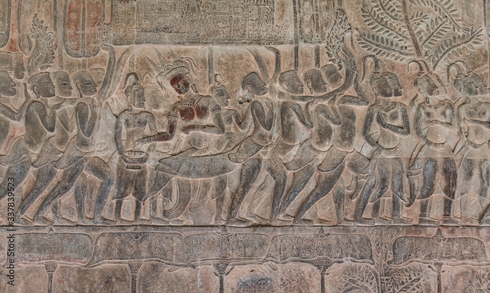 Reliefs in the Angkor Wat temple, Cambodia
