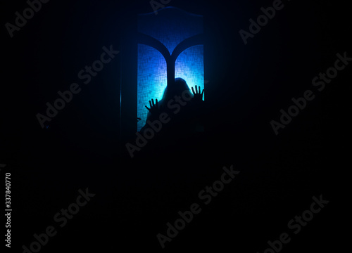 Silhouette of an unknown shadow figure on a door through a closed glass door. The silhouette of a human in front of a window at night. Scary scene halloween concept of blurred silhouette of maniac.