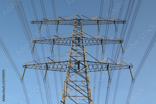 Row electricity pylon power tower landscape at sunset