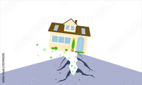 Vector illustration of a house protected from viruses. Coronavirus attack on human housing. Be at home, work at home, a remote social campaign, preventing coronavirus