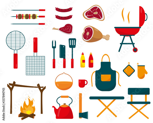 Camping and barbecue set on white background.