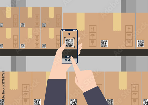 Vector illustration. Warehouse worker scanning barcodes.