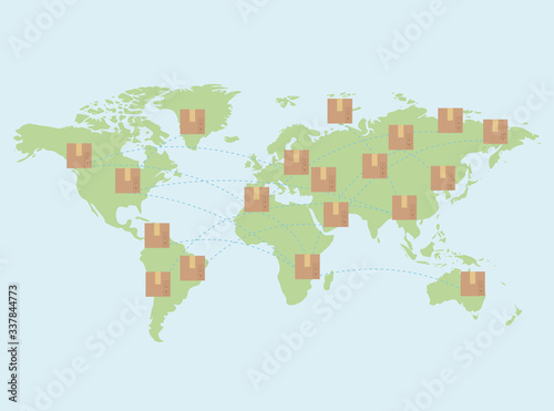 Vector illustration. Dots world map with boxes pins.