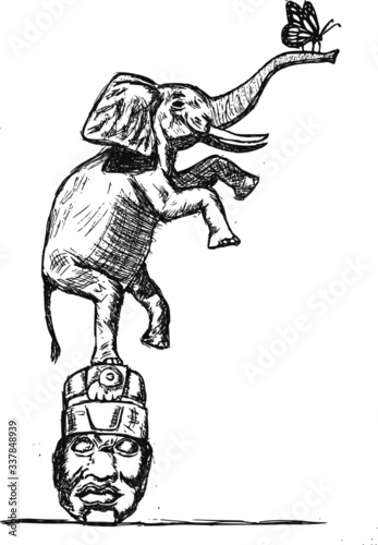 Vector de un elefante parado sobre una cabeza estirando su trompa y sosteniendo una pequeña mariposa en la punta
