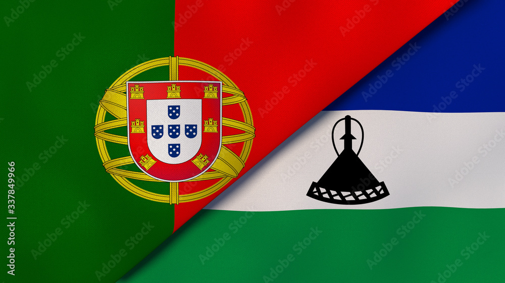 The flags of Portugal and Lesotho. News, reportage, business background. 3d illustration