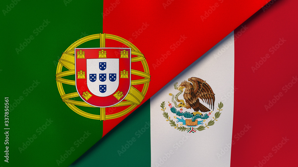 The flags of Portugal and Mexico. News, reportage, business background. 3d illustration