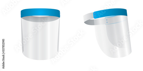 Medical face mask or shield. Transparent plastic helmet. 