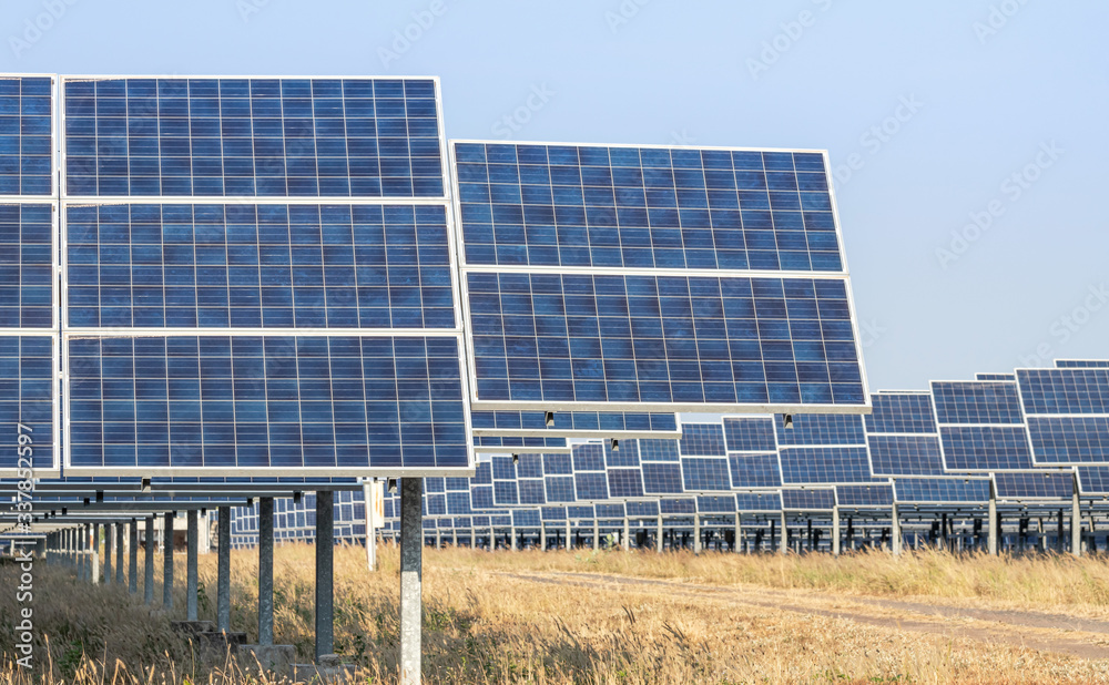 Rows array of Photovoltaics solar panels in solar power station alternative clean renewable energy efficiency is power production technology renewable green clean energy efficiency from the sun Rows array of Photovoltaics solar panels in solar power station alternative clean renewable energy efficiency is power production technology renewable green clean energy efficiency from the sun
