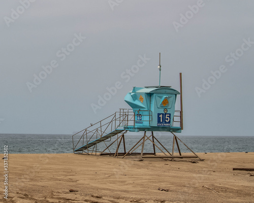 lifeguard tower on the beach, California, sea, sand, tower, water, blue, coast, ocean, sky, landscape, seascape © Renee