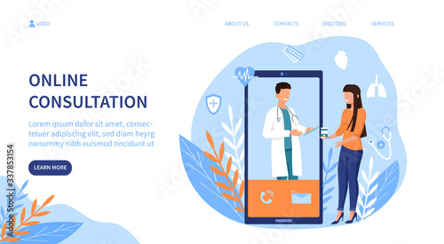Online Medical Consultation with a doctor on a mobile phone screen talking to a woman patient with text, vector illustration