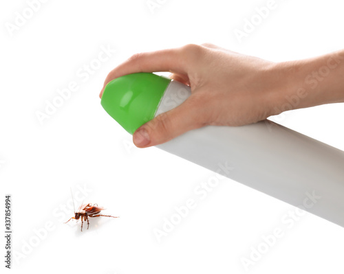 Woman spraying insecticide onto cockroach on white background, closeup. Pest control