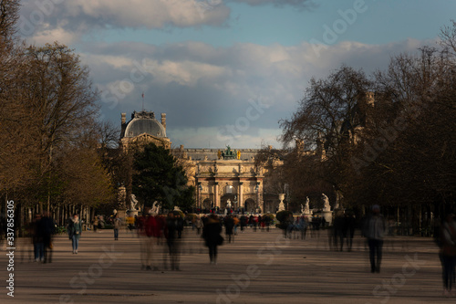 Tuilleries gardens and the Arc de Triomphe du Carrousel at the back in Paris, France.