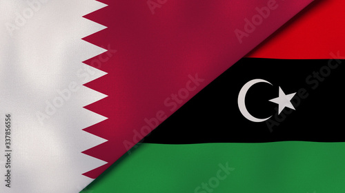 The flags of Qatar and Libya. News, reportage, business background. 3d illustration