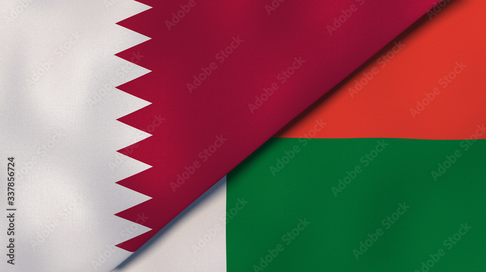The flags of Qatar and Madagascar. News, reportage, business background. 3d illustration
