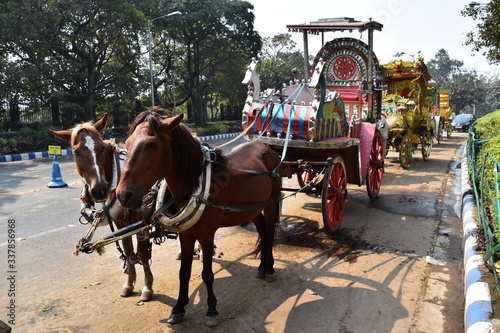 インドのコルカタの街並み 道路に停車中の馬車 出発を待つ可愛い馬
