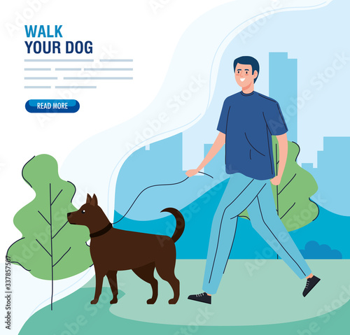 man walking your dog in the park vector illustration design