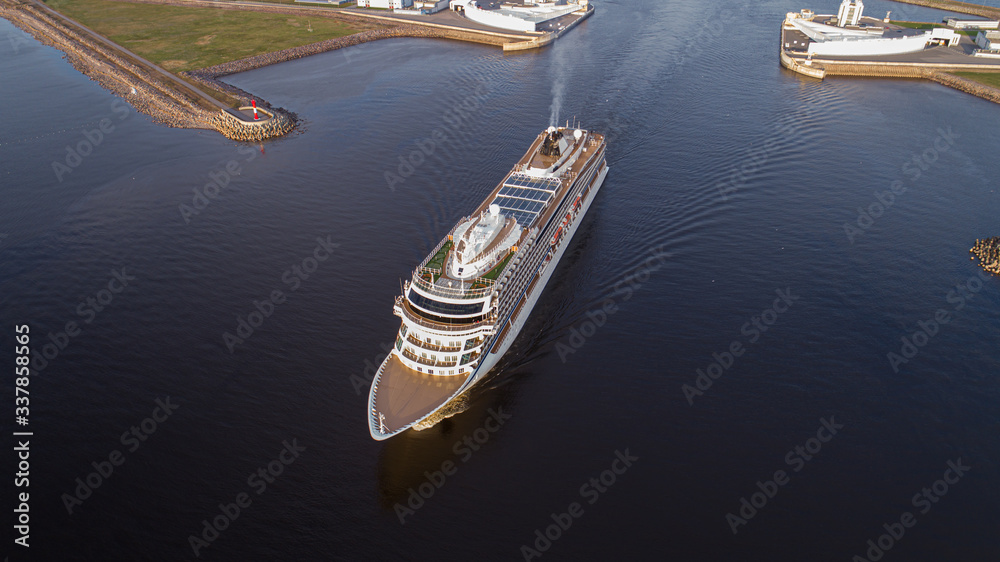 Aerial photography of a liner sailing through the dam gate in the Gulf of Finland.