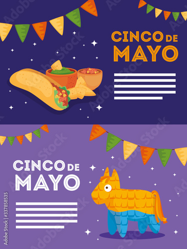 Mexican pinata burrito bowl and nachos design, Cinco de mayo mexico culture tourism landmark latin and party theme Vector illustration