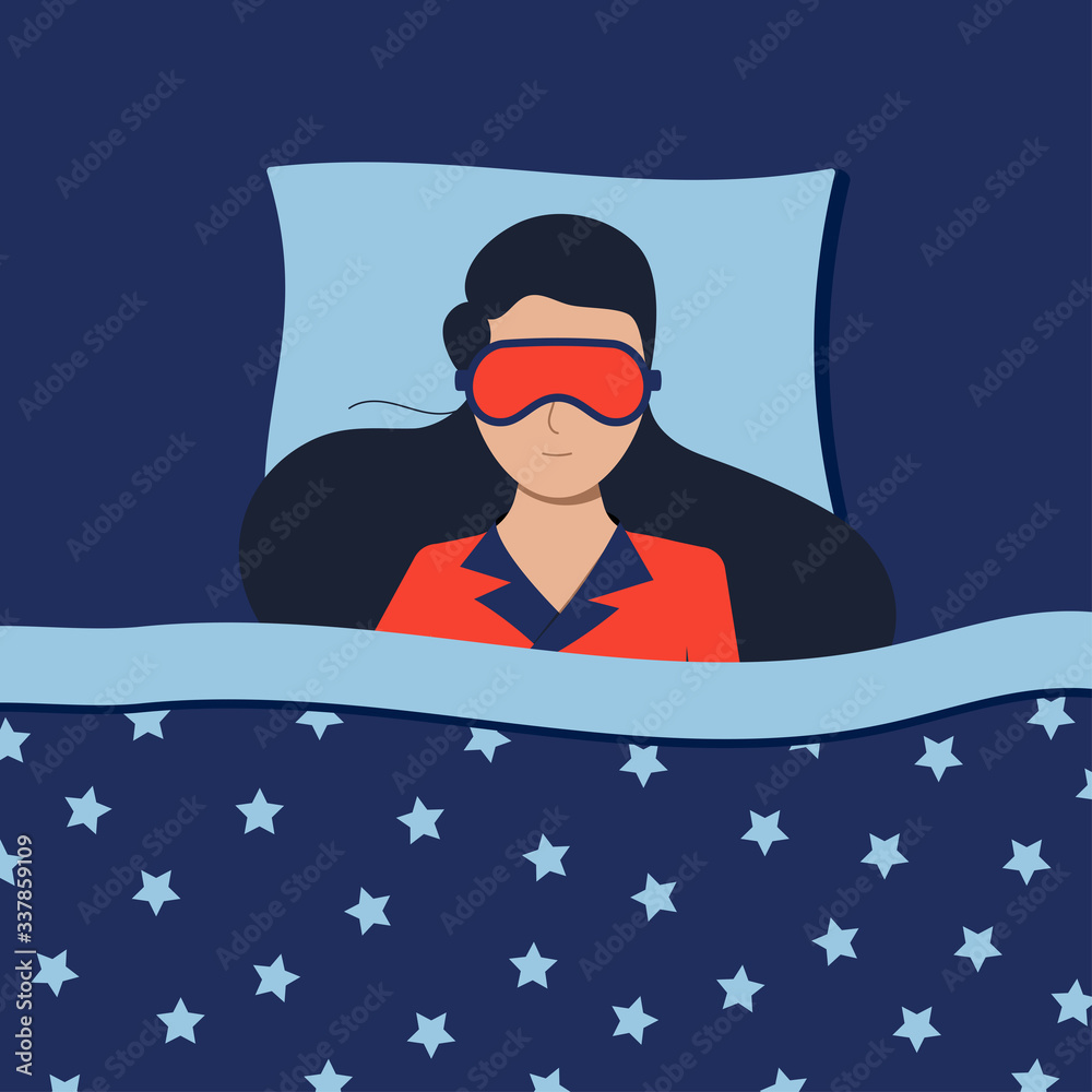 Woman with sleepeing mask sleeping at night in bed at home or in hotel. Woman with sleepeing mask sleeping at night in bed at home or in hotel.