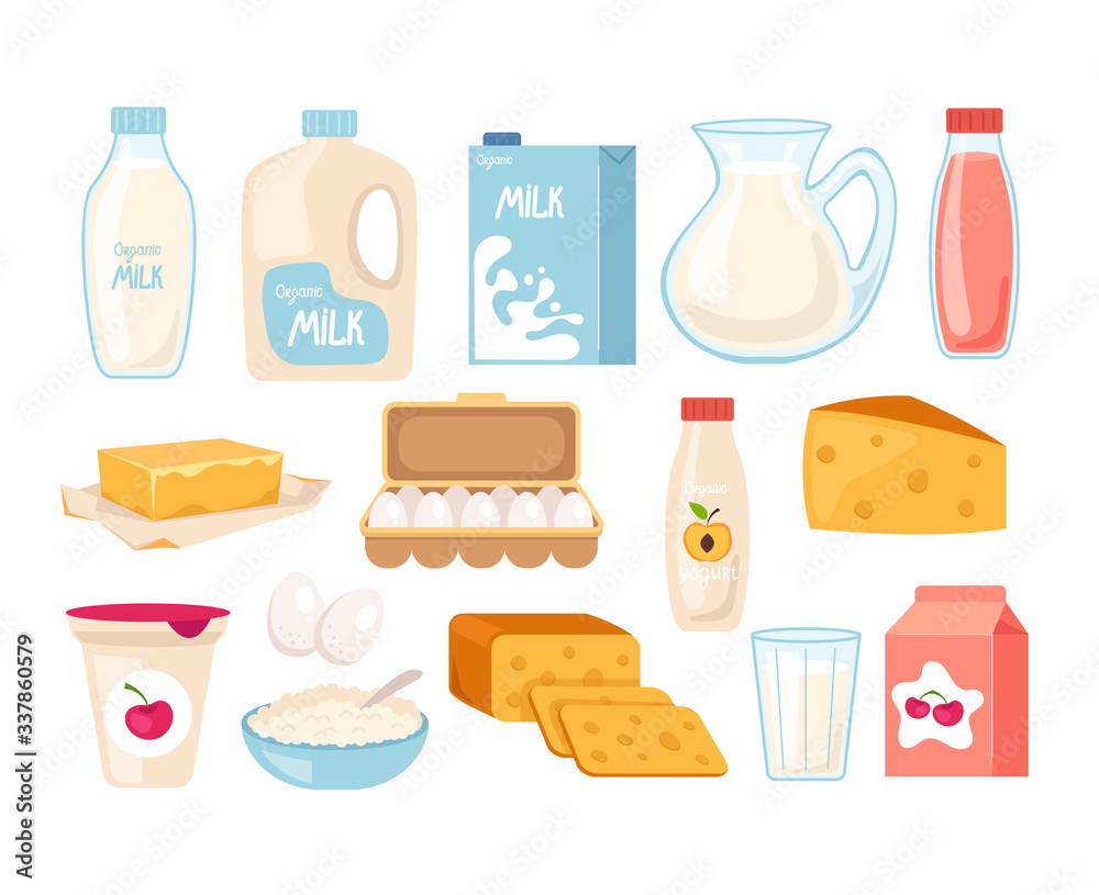 Dairy milk products isolated icon set. Vector flat cartoon graphic design illustration Dairy milk products isolated icon set. Vector flat cartoon graphic design illustration