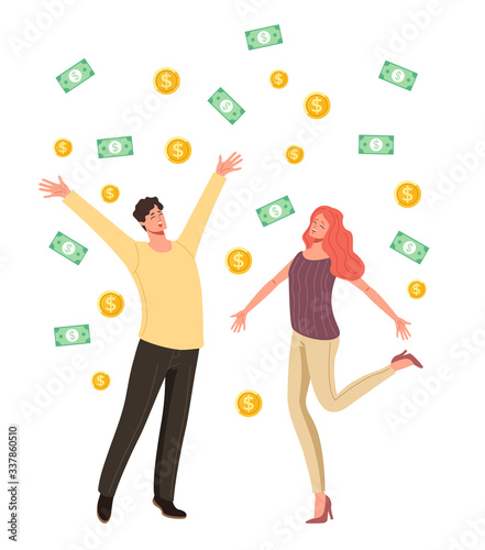 Happy people man woman characters jumping under money rain. Financial success concept. Vector flat cartoon graphic design illustration