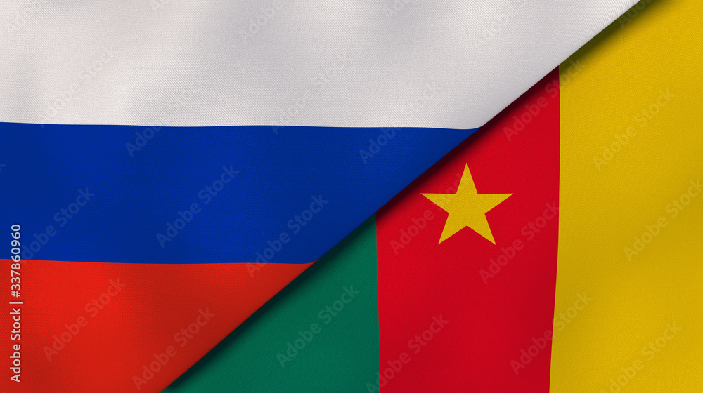 The flags of Russia and Cameroon. News, reportage, business background. 3d illustration