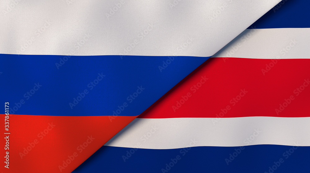 The flags of Russia and Costa Rica. News, reportage, business background. 3d illustration